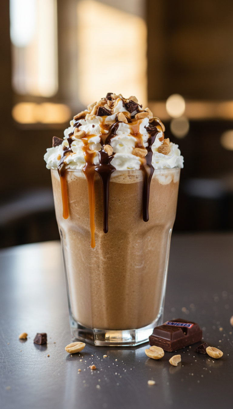 Dunkin Iced Coffee Ideas 7 Must Try Custom Drinks 11 Rich frozen coffee with whipped cream, caramel, chocolate drizzles, on dark metal table with chocolate bar and peanuts.