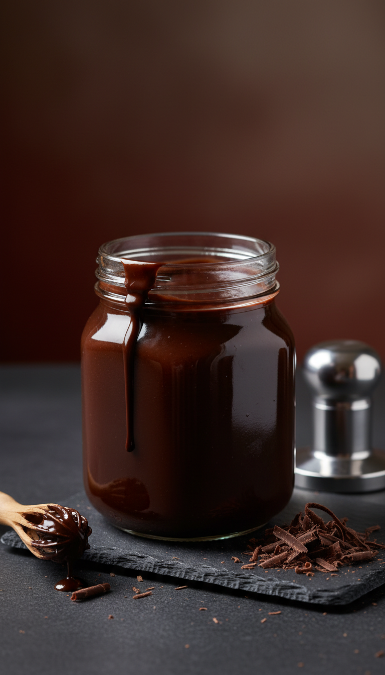 Homemade Coffee Syrup Flavors: 11 Easy Recipes to Master 15 Rich, glossy dark chocolate syrup cools in a glass jar on a dark stone surface, with chocolate shavings and a whisk nearby.