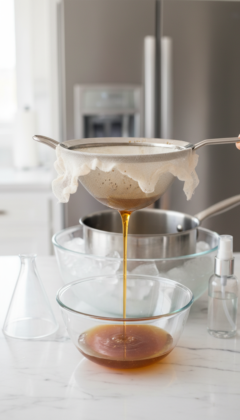 Homemade Coconut Sugar Coffee Syrup: 7 Easy Tips 11 Rich golden-brown syrup straining through cheesecloth into a glass bowl for cooling, removing solids. Kitchen process.