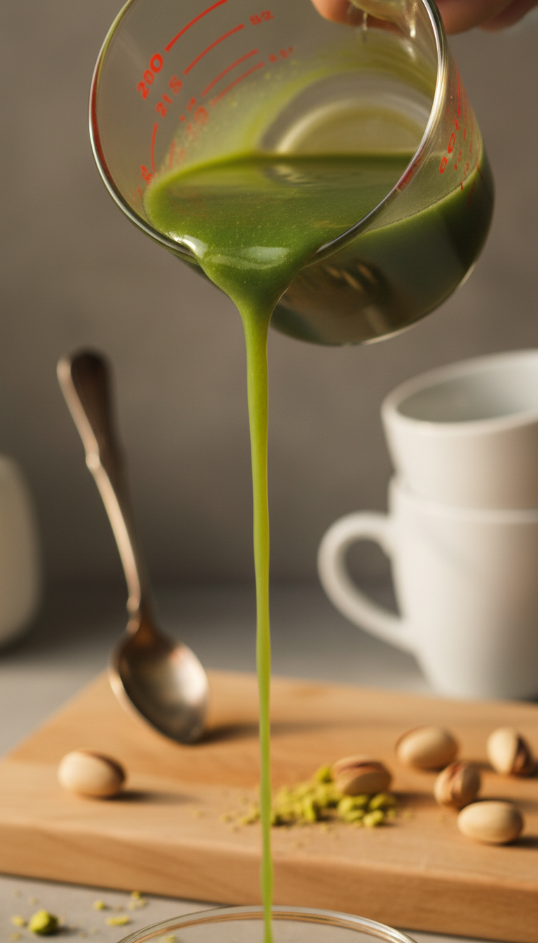 Rich green pistachio syrup pouring from a glass measuring cup, forming a ribbon on wooden surface with shelled pistachios. Golden light.