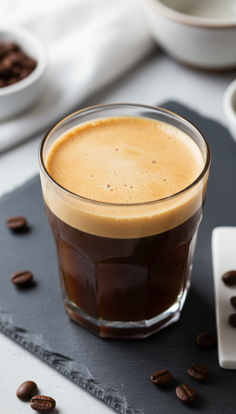 Your Essential Dunkin Hazelnut Iced Coffee Order Guide 13 Rich hazelnut cold brew coffee with cold foam, dark and smooth, on slate stone with white accents and coffee beans.