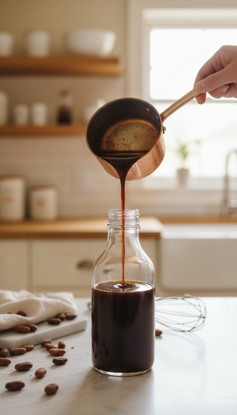 Homemade Mocha Syrup for Rich Iced Coffee Drinks 1 Rich homemade mocha coffee syrup pours into an elegant glass bottle on a marble counter, with cocoa beans and a whisk nearby.