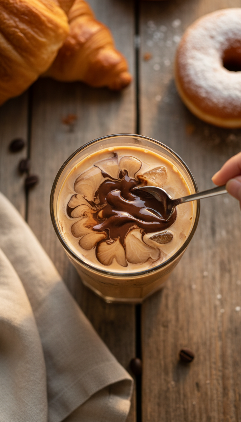 Rich iced coffee with a thick chocolate mocha swirl being stirred into non-dairy milk on a rustic wooden table. Cozy vegan treat.