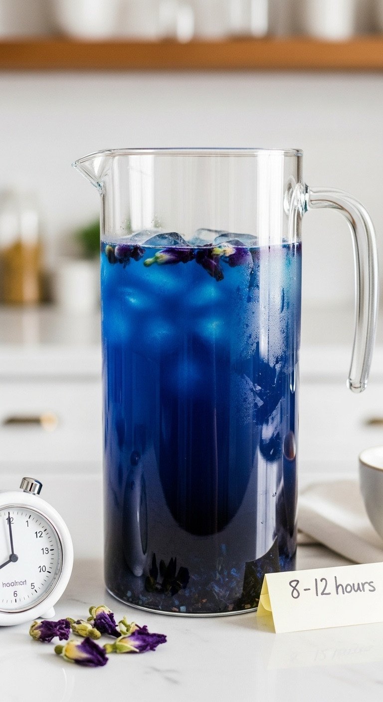 Butterfly Pea Tea Benefits Brewing and Color Change Secrets 12 Rich indigo cold brew butterfly pea tea in a clear glass pitcher with submerged flowers on a minimalist shelf, serene kitchen.