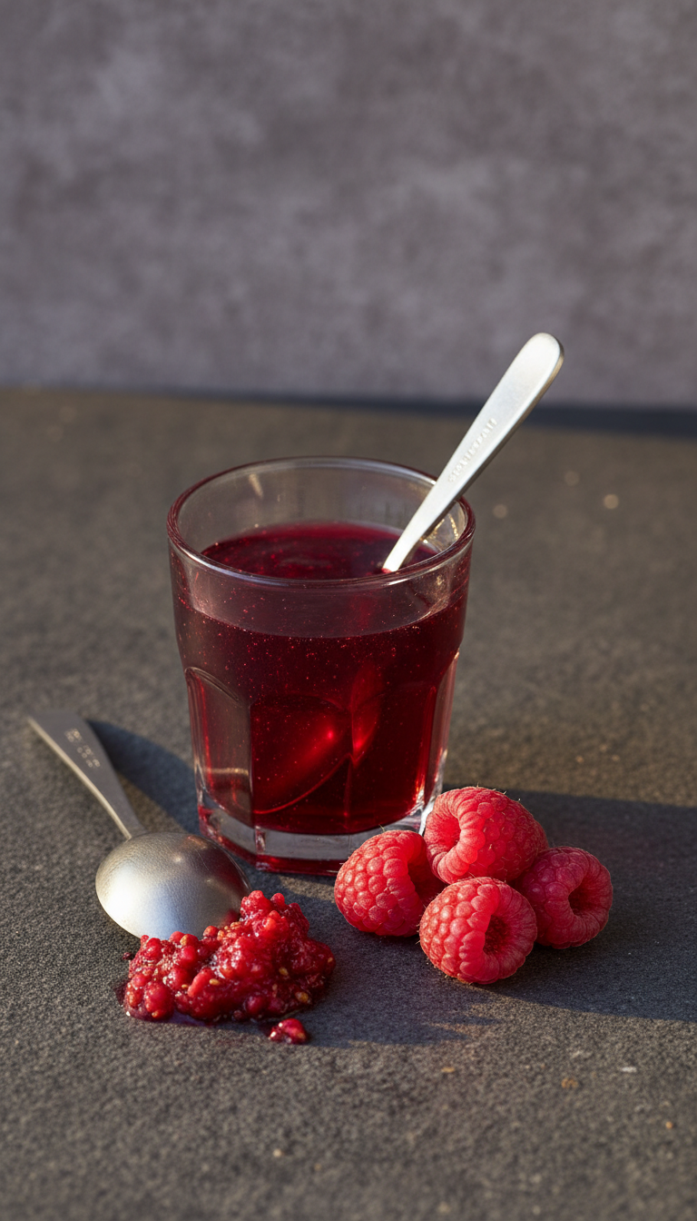 Homemade Raspberry Coffee Syrup: 7 Essential Recipes 5 Rich, intensely colored raspberry syrup in a glass, with measuring spoon, whole and crushed raspberries on dark stone. Gourmet dessert topping.