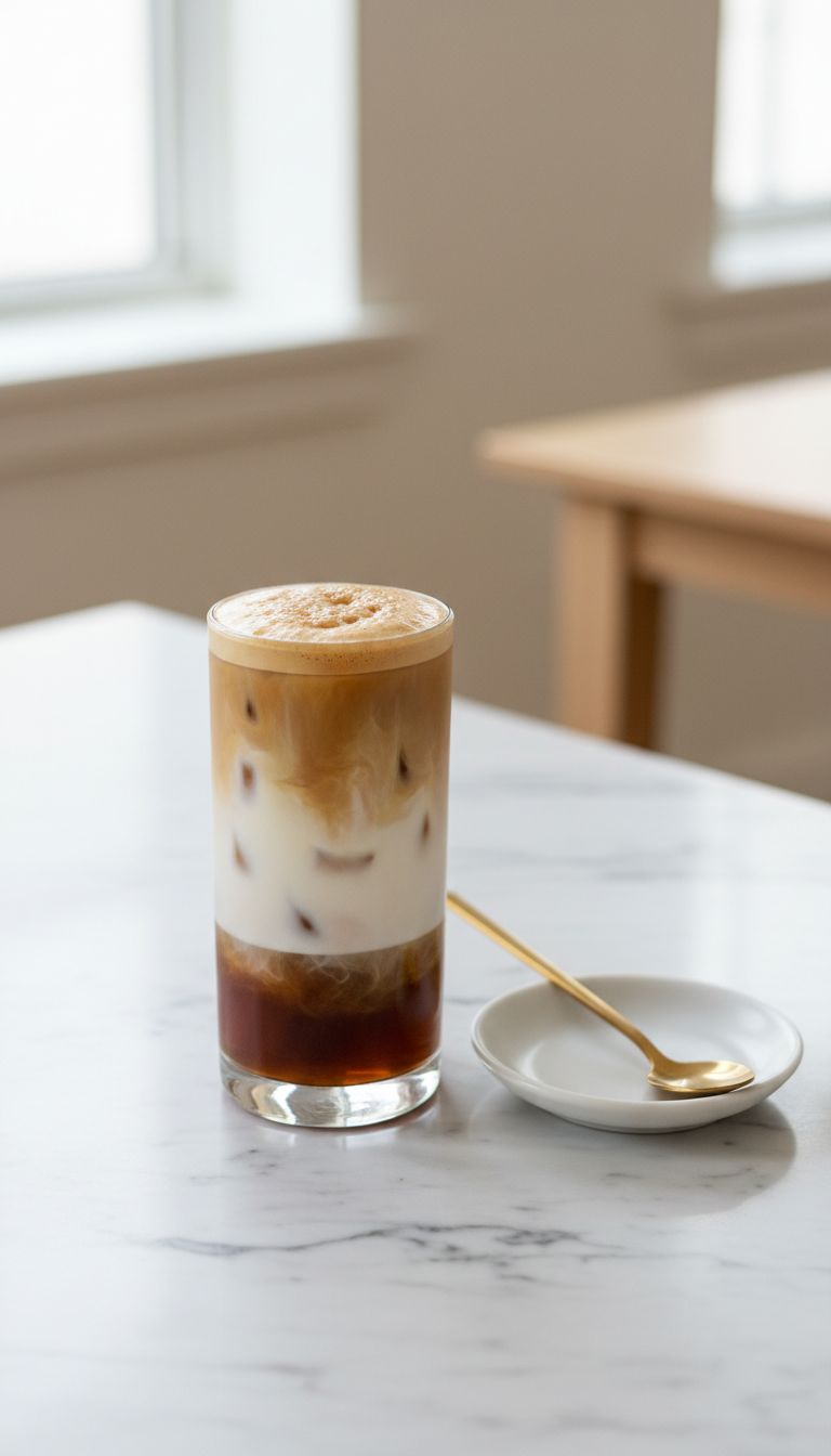Rich, layered Butter Pecan Iced Latte in tall glass, showcasing espresso, milk, creamy swirl, foam on white marble countertop.
