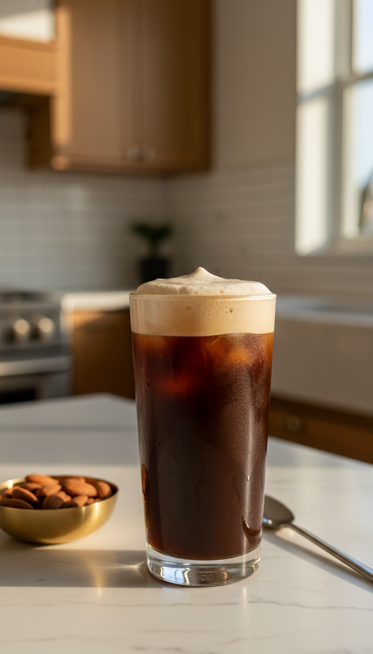 Dunkin' Sugar Free Iced Coffee: 11 Best Healthy Orders 3 Rich low-carb keto friendly iced coffee with frothy heavy cream, almonds, metallic stirrer on marble, golden light.