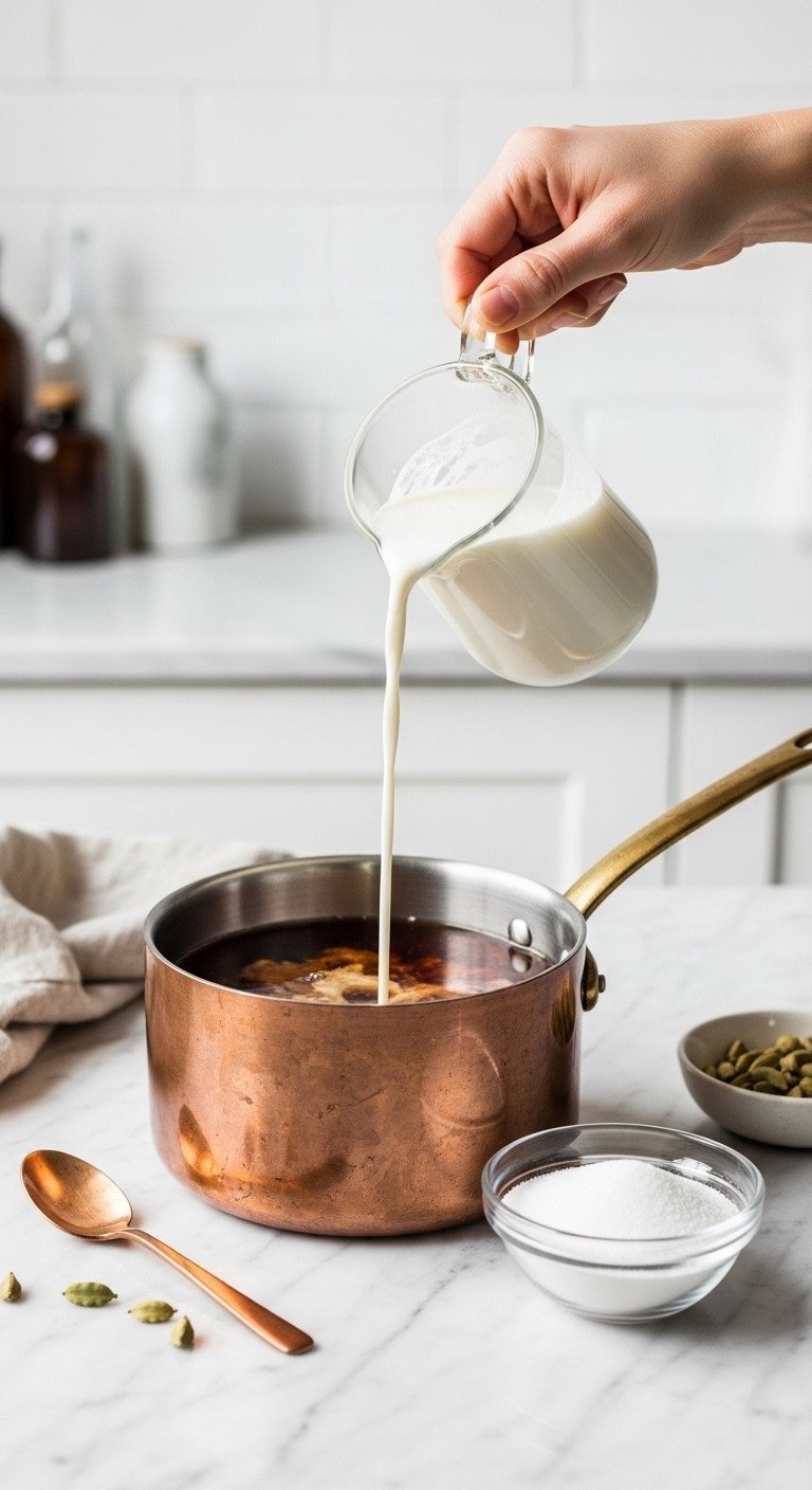 Master Masala Chai Perfect Ratios and Traditional Method 9 Rich milk pouring into dark, simmering tea in a copper saucepan; white granulated sugar in a glass bowl on marble countertop.
