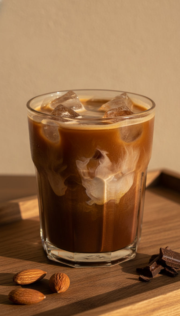 7 Sweet Dunkin Iced Coffee Orders: Ultimate Guide & Custom Tips 5 Rich mocha iced coffee with deep chocolate base, clear ice cubes, cream ripple. Wooden tray, toasted almonds, warm golden light.