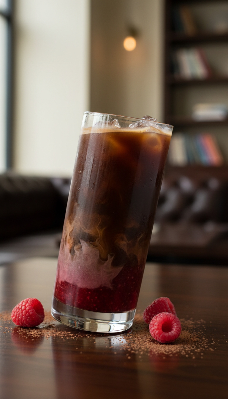 Dunkin Iced Coffee Ideas 7 Must Try Custom Drinks 7 Rich raspberry mocha iced coffee with dark chocolate layers in glass, on dark wood, with whole raspberries and cocoa.