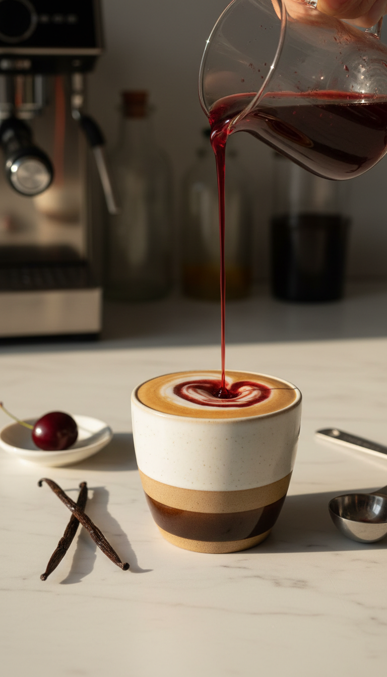 Rich red cherry vanilla syrup pouring into an espresso latte in a coffee mug on a marble counter, with a vanilla bean and cherry.