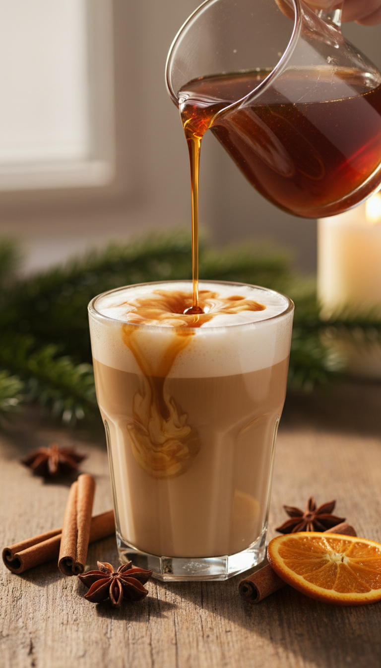 Homemade Orange Coffee Syrup: Easy Recipe for Lattes 3 Rich spiced orange syrup pours into a creamy latte, with cinnamon sticks, star anise, and fresh orange on a rustic table.