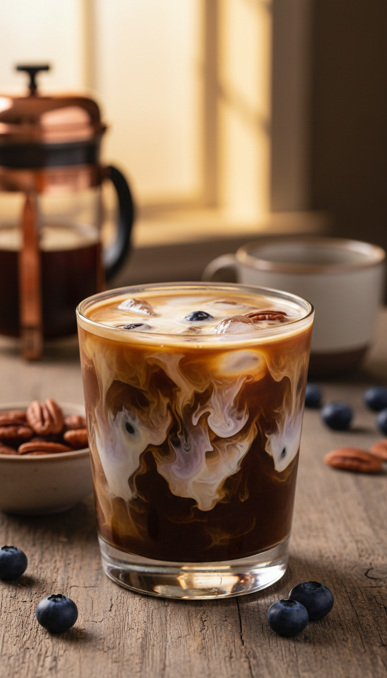 Dunkin Blueberry Iced Coffee Order: 7 Viral Recipes to Try 9 Richly marbled blueberry butter pecan iced coffee, intricate swirls, pecans, on rustic wood. Best Dunkin blueberry coffee.