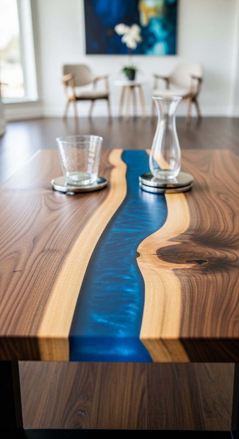 River edge epoxy coffee table featuring deep-toned wood and vibrant blue resin, a modern design with organic live edge appeal.