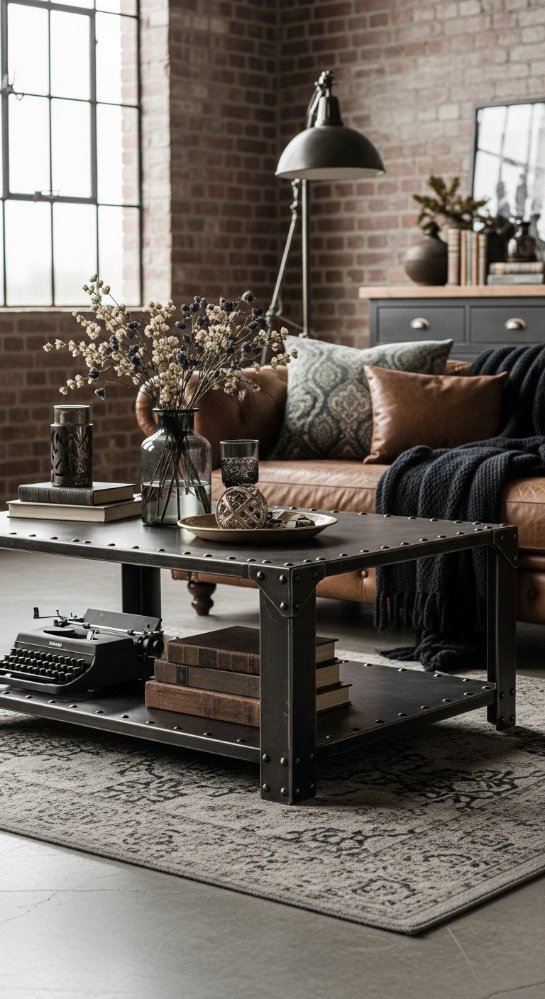 Robust black steel industrial coffee table with exposed rivets, distressed finish on concrete floor in an edgy living room.