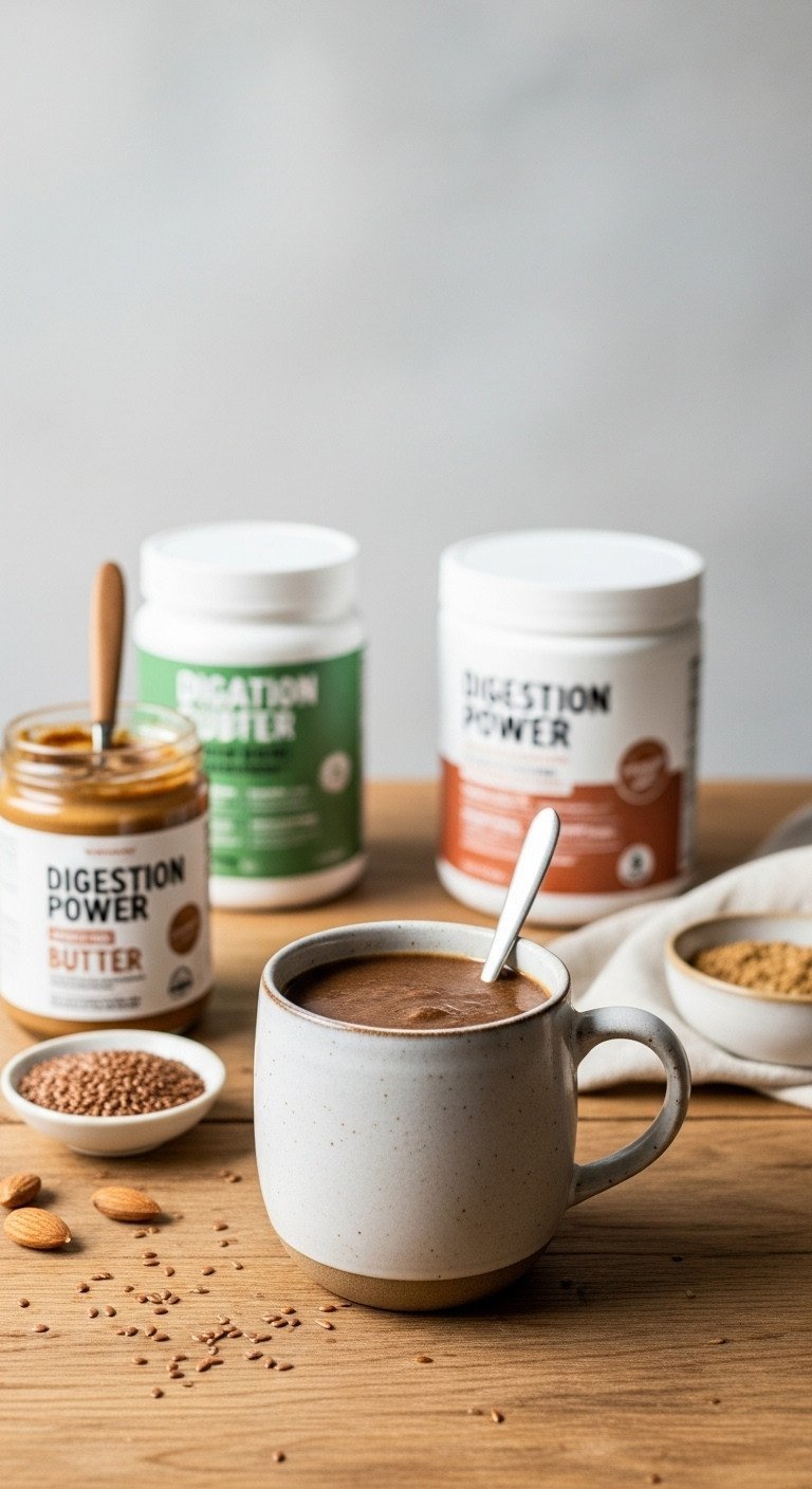Robust digestion power coffee in a ceramic mug with spoon, featuring fiber & nut butter blend, on rustic wooden table.
