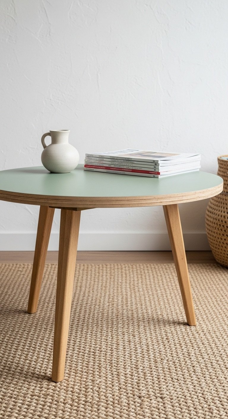 Round DIY coffee table, sage green top, angled wooden legs, on woven rug. Cozy living room centerpiece.