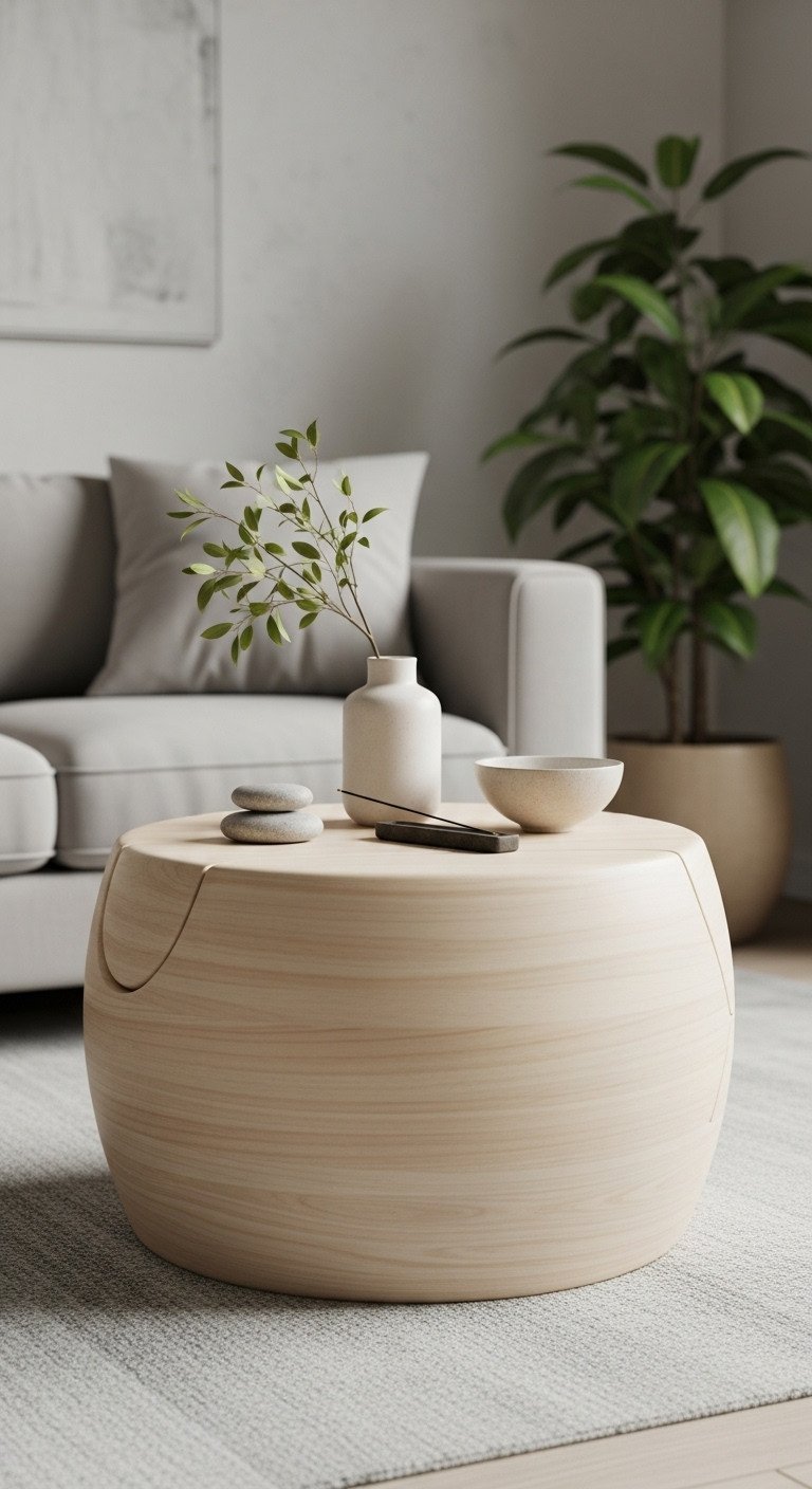 Round Zen style Japanese coffee table with curved edges, river stones, incense on light rug. Serene living room.