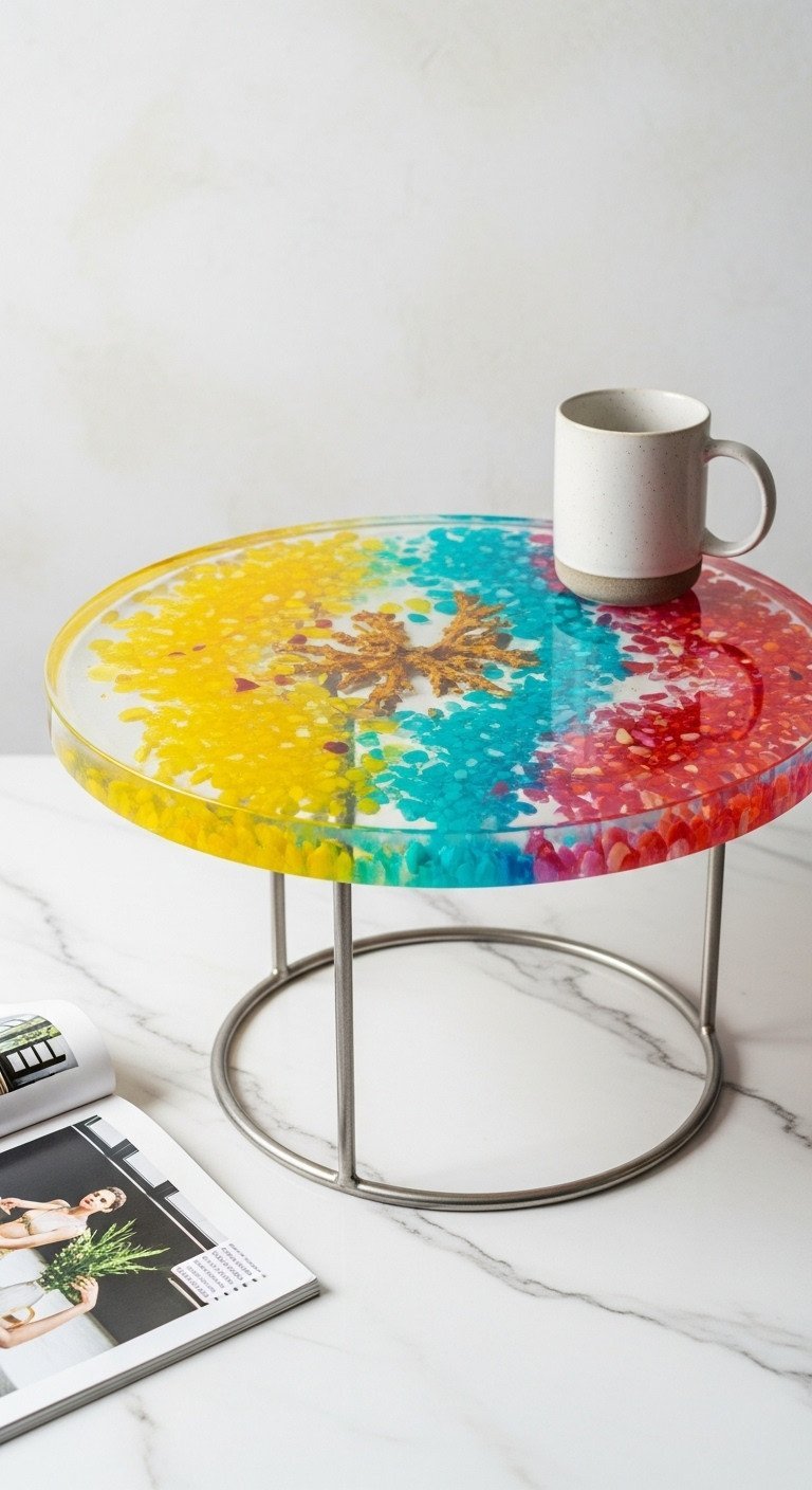 9 Creative Coffee Table Ideas To Elevate Your Home Style 11 Round abstract coffee table with vibrant resin top and metal pedestal base, styled on a white marble surface.