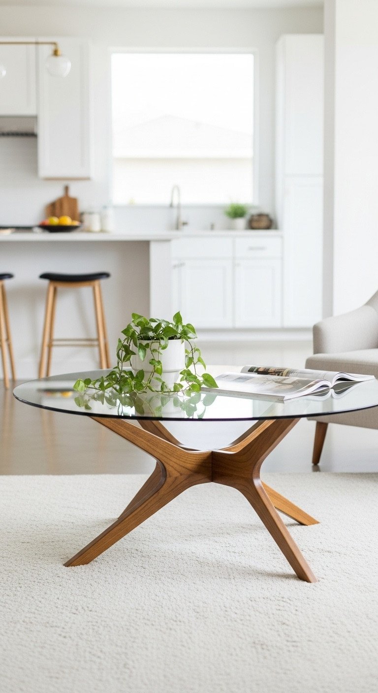 Find Stunning Mid-Century Modern Coffee Tables for Your Home 3 Round clear glass top MCM coffee table, intricate wood base, plant, magazine in bright open living space.