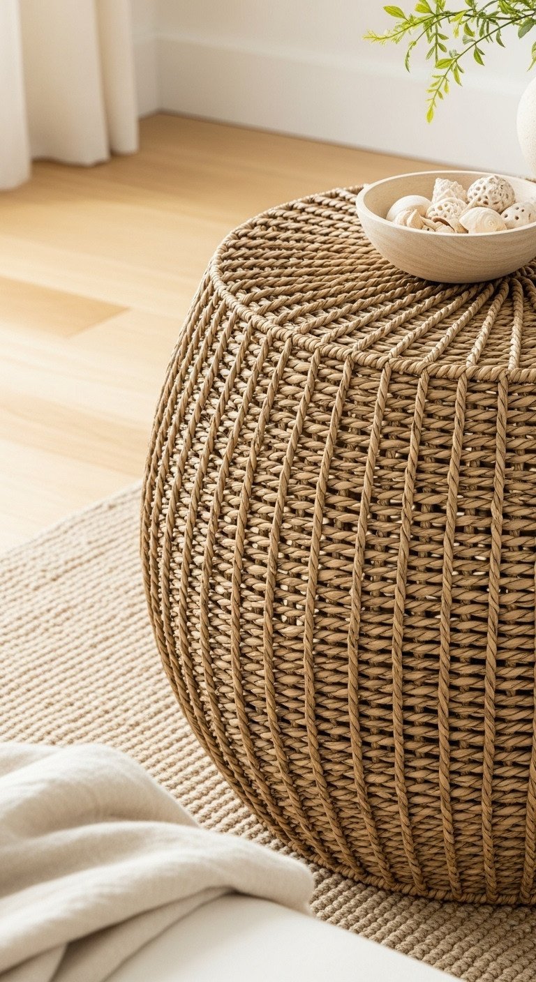 Round coastal woven seagrass ribbed coffee table, natural texture, on a jute rug, styled with shells in a light-filled living room.
