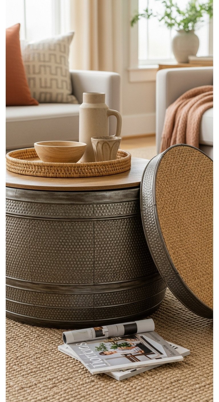9 Creative Coffee Table Ideas To Elevate Your Home Style 13 Round drum coffee table with a removable top, revealing hidden storage, made of textured material in a living room.
