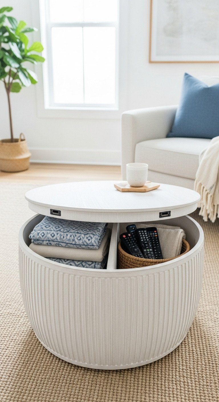 Genius Fluted Coffee Table Storage Ideas For Modern Homes 3 Round fluted drum coffee table, top open, revealing deep internal storage. Bright, minimalist living room with light wood tones.