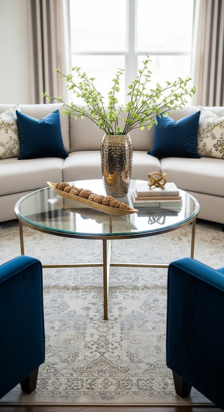 Glam Coffee Table: Smart Styling Tips for a Luxurious Home 11 Round glam glass coffee table styled for traffic flow, elongated centerpiece. Velvet armchairs, potted plant, books.