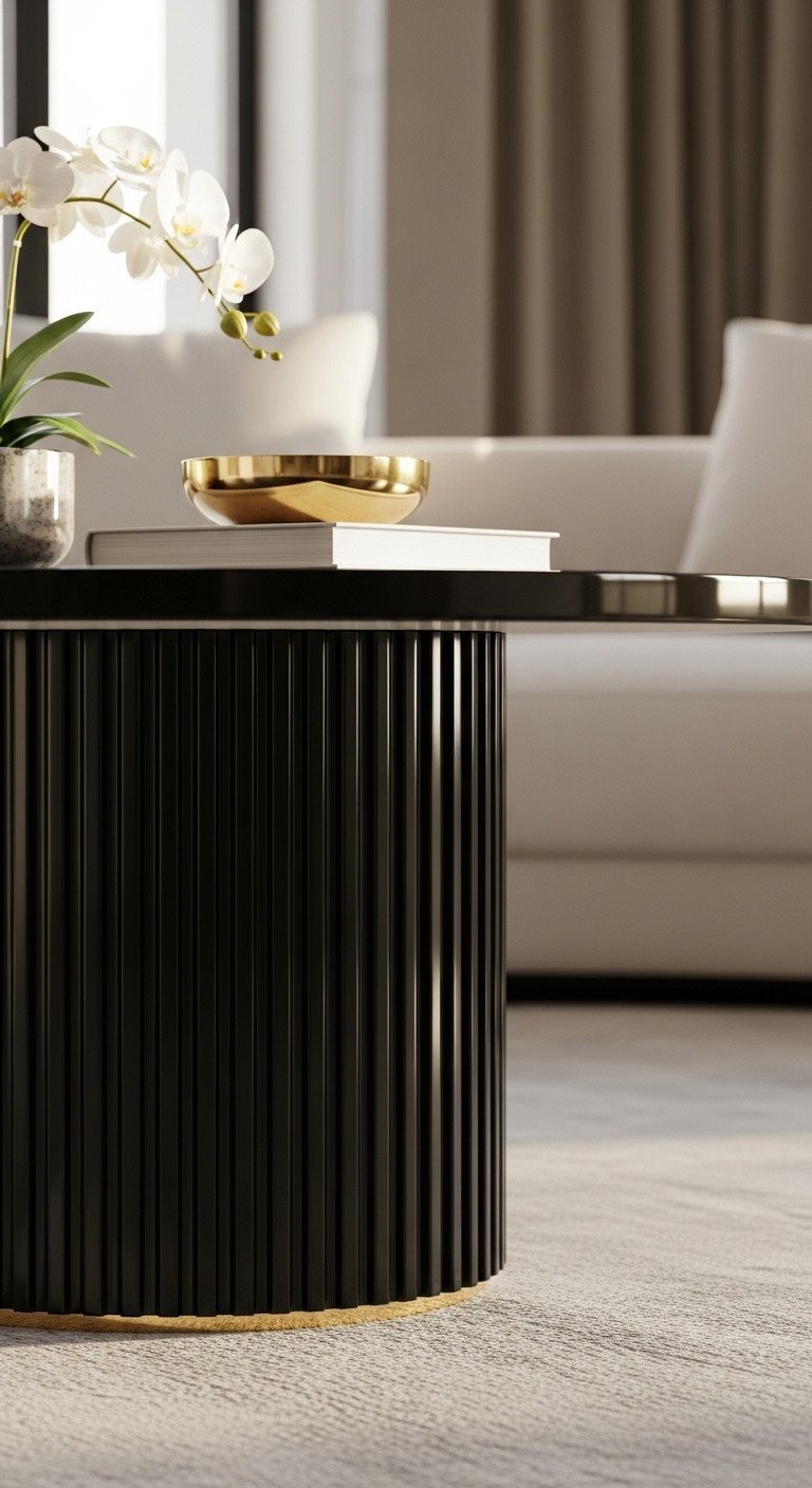 Curated Luxury Coffee Tables Finest Materials Unique Designs 13 Round high-gloss white Italian luxury coffee table, fluted pedestal base, opulent contemporary design in elegant setting.