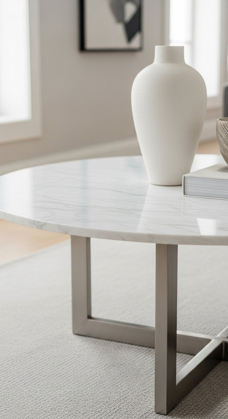 Curated Luxury Coffee Tables Finest Materials Unique Designs 1 Round luxury Carrara marble coffee table, brushed stainless steel base, subtle veining in a bright, minimalist living room.