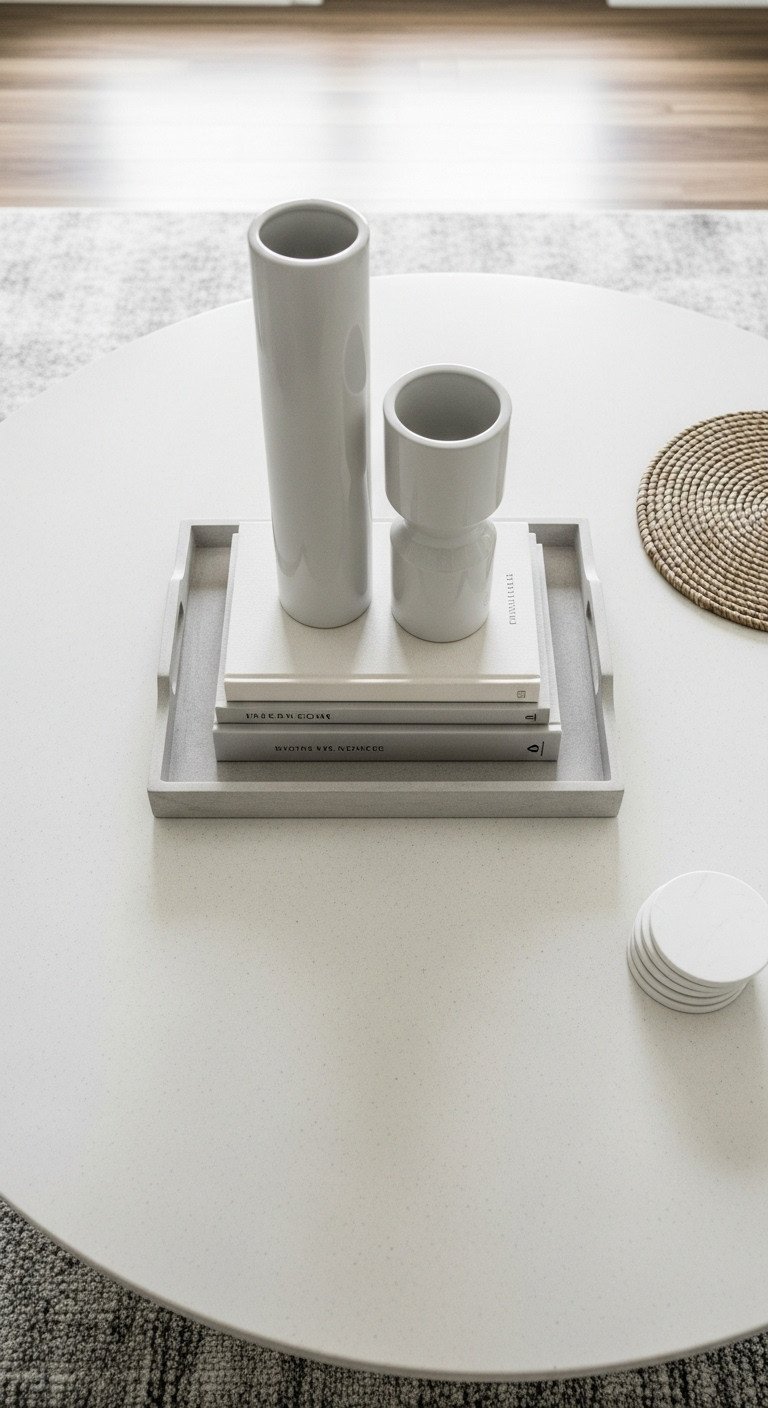 Round modern coffee table with geometric contrast: square tray, rectangular books, cylinder vase. Asymmetrical flat lay, clean decor.