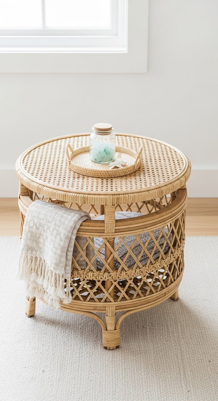 Round natural rattan coastal storage table, intricate woven detail. Light living room, pale linen rug, sea glass.