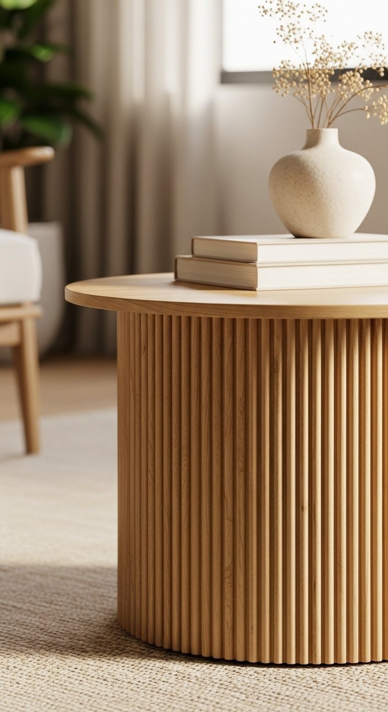 Round natural wood ribbed pedestal coffee table with fluted base on an area rug, styled with books and dried florals in a cozy living room.