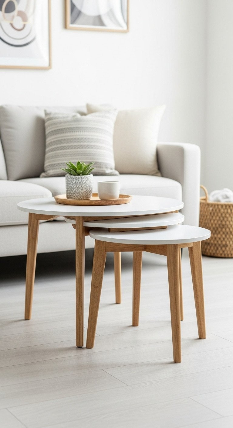 Round nesting coffee tables, one tucked under, in front of a two-seater sofa. Minimalist, space-saving design with succulent on wood floor.