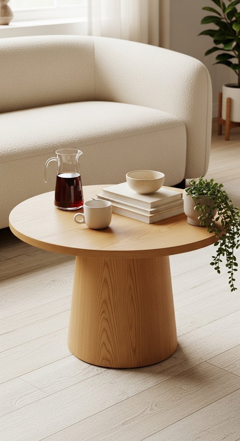 7 Unique Wood Coffee Table Styles For Your Home 10 Round pedestal wood coffee table with a sleek tabletop, styled with books and a plant in a serene living room.