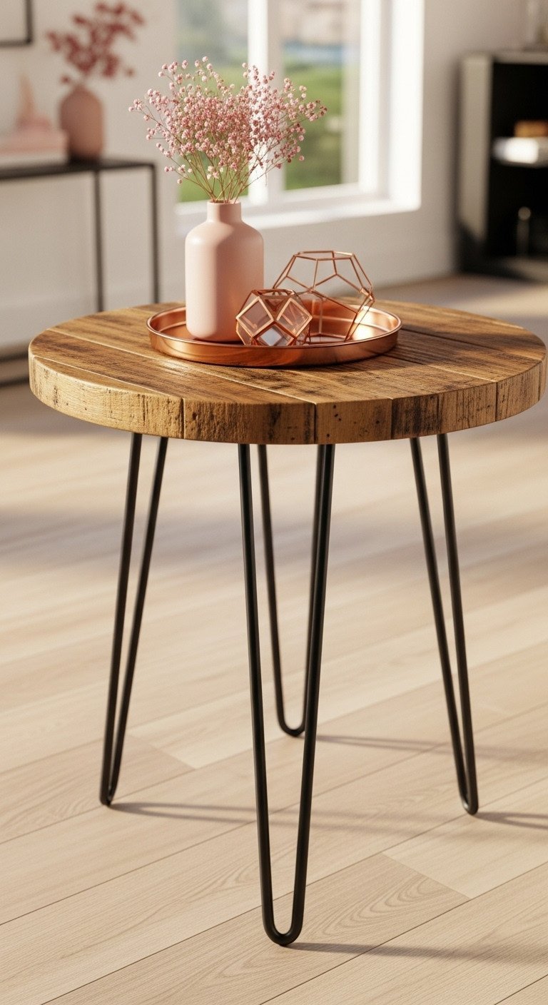Round reclaimed wood coffee table with smooth top, sleek black hairpin legs, modern living room decor under warm light.