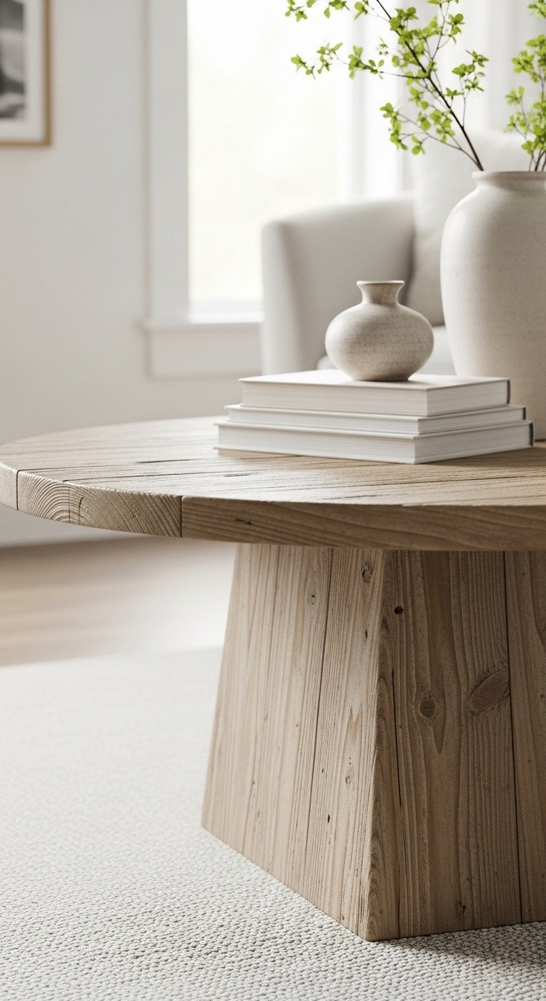 Elevate Your Living Room With 7 Genius Rustic Coffee Tables 3 Round rustic coffee table, distressed pine pedestal base, with ceramic vase and books. Bright living room flat lay.