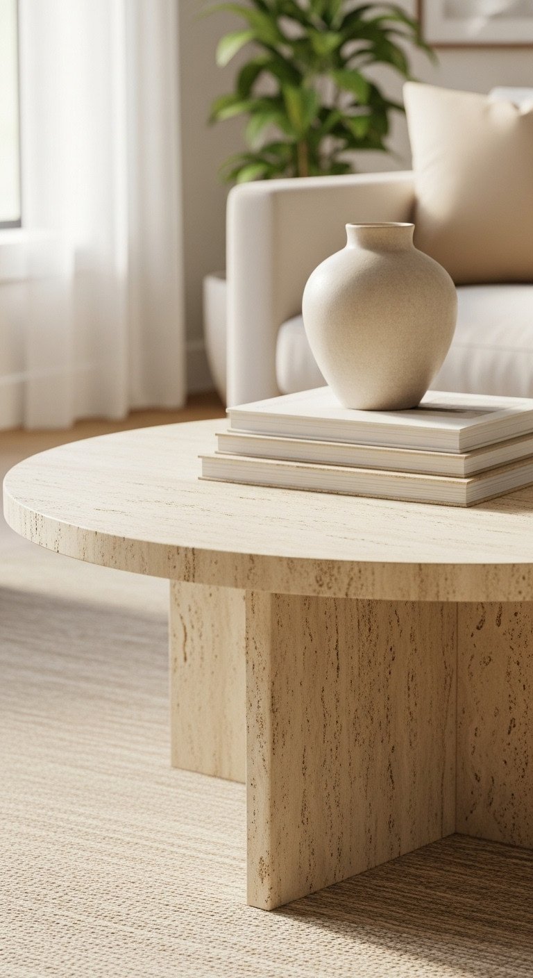Unique Stone Coffee Table Designs To Transform Any Living Space 1 Round travertine coffee table with honed matte finish, styled with ceramic vase & books, in a cozy living room, warm cream & brown tones.