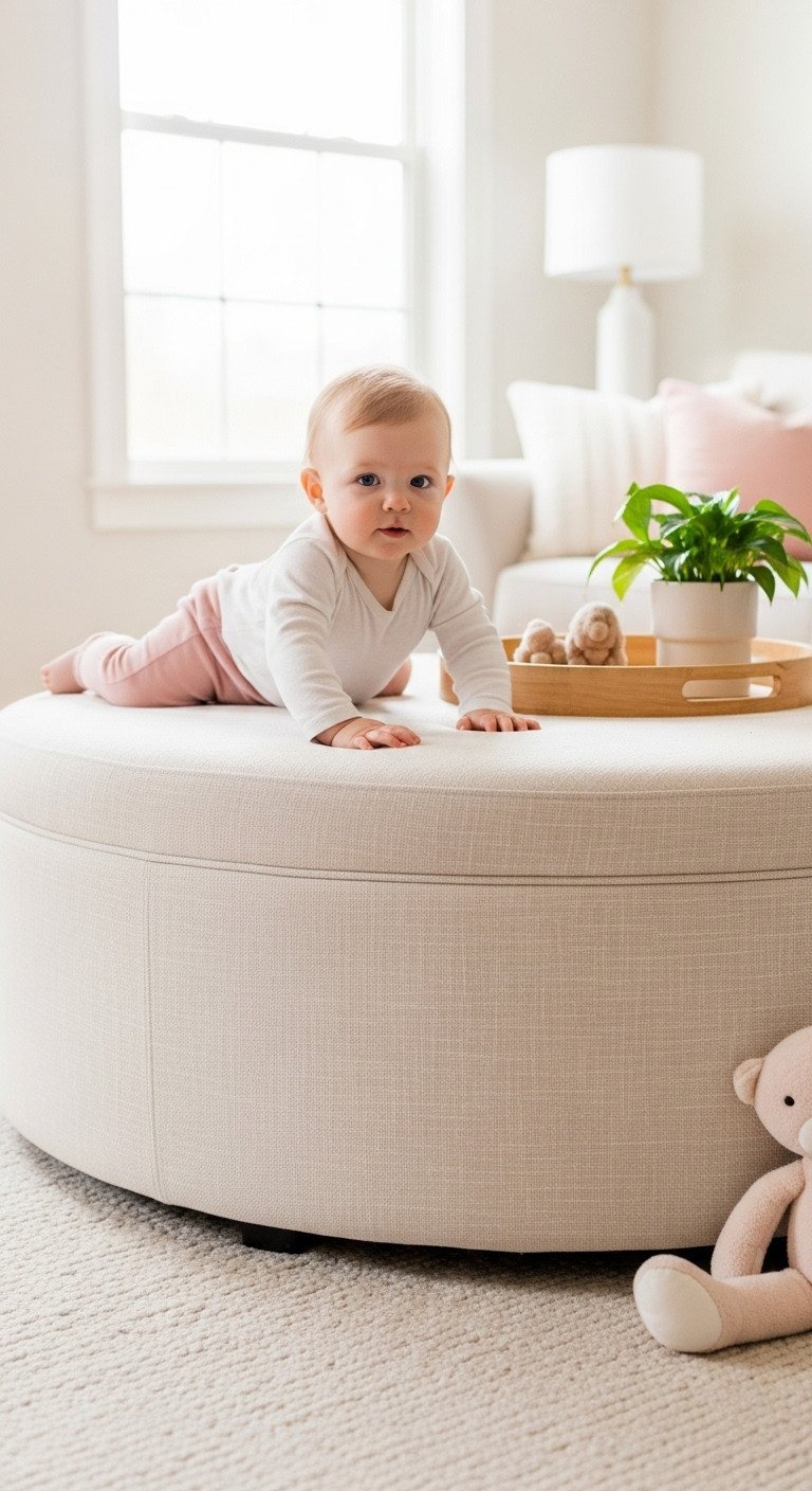 Round upholstered ottoman coffee table in a chic living room, toddler playing near soft edges. Styled with a plant and toys. Warm, inviting.