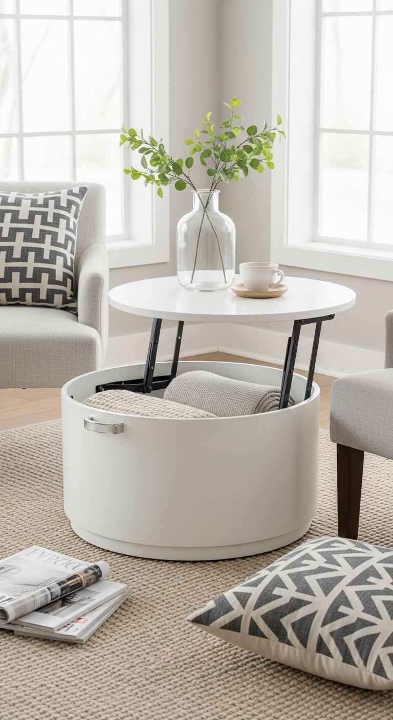 Unlock Genius Storage In A Quality Lift-Top Coffee Table 4 Round white lift-top coffee table, raised to reveal storage for blanket and magazines, positioned between two apartment chairs.