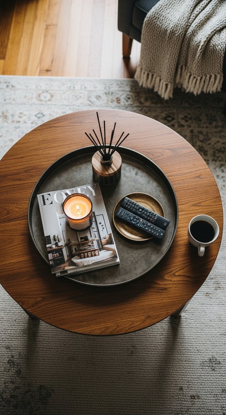 Round wood coffee table with dark metal tray, magazines, modern scented candle, and remote dish. Cozy, organized flat lay decor in warm tones.