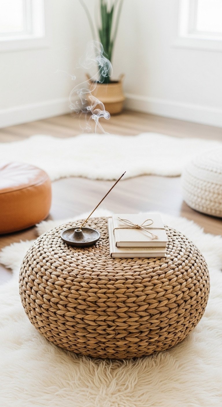 Discover 11 Genius Boho Coffee Table Ideas for Eclectic Homes 5 Round woven jute coffee table on a fluffy sheepskin rug, styled with incense holder and meditation journals in a peaceful retreat.