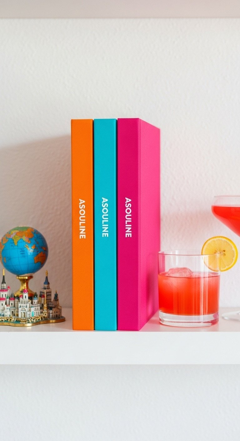 Row of three vibrant Assouline-style fabric travel books (orange, turquoise, pink) on white shelf with exotic souvenir.