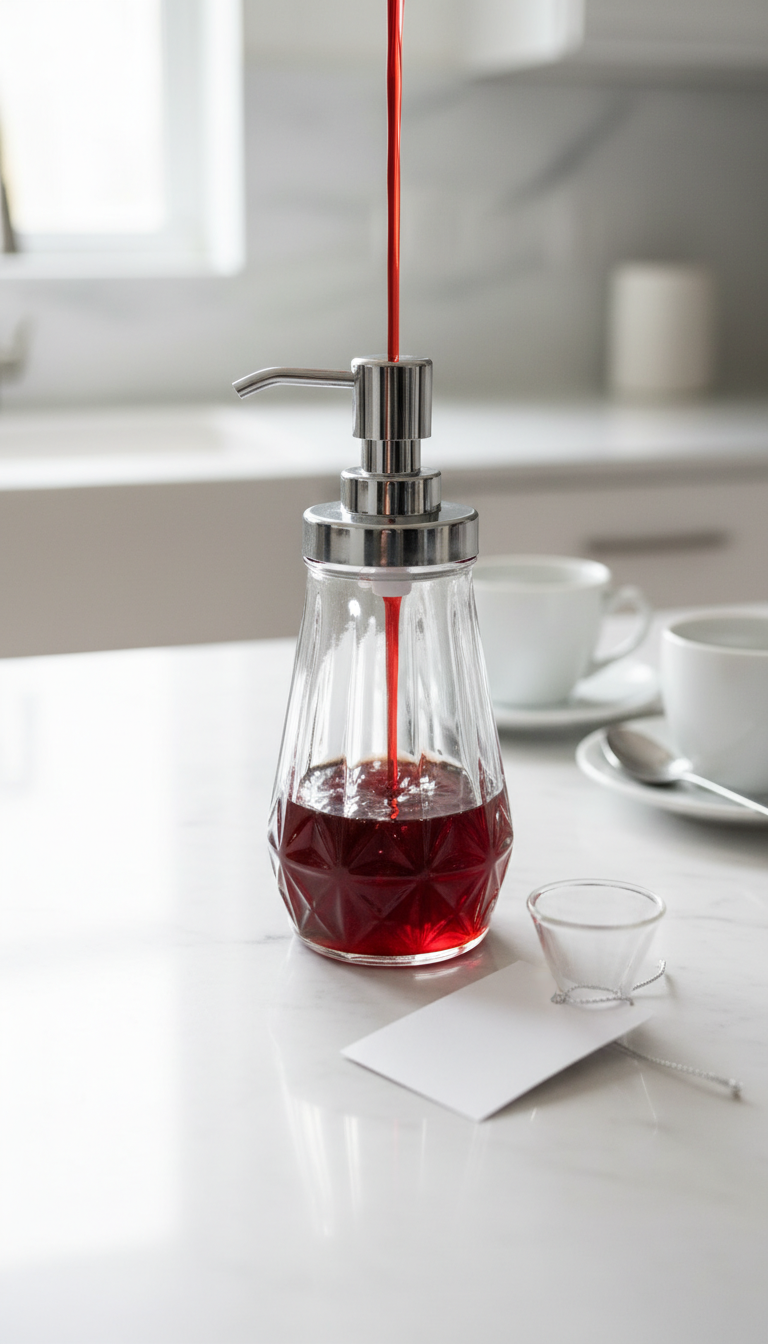 Homemade Peppermint Coffee Syrup Perfect Coffeehouse Taste 5 Ruby-red peppermint coffee syrup pouring into an elegant glass dispenser on a white marble counter, highlighting its rich color.