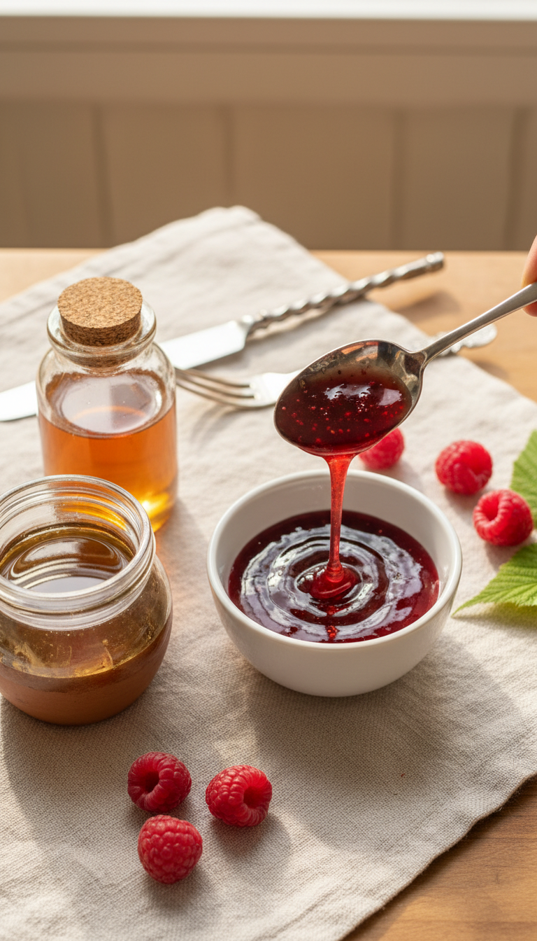 Homemade Raspberry Coffee Syrup: 7 Essential Recipes 13 Ruby-red raspberry syrup drizzling into a bowl, with maple syrup and honey. Highlights natural sweetness sources and healthy alternatives.