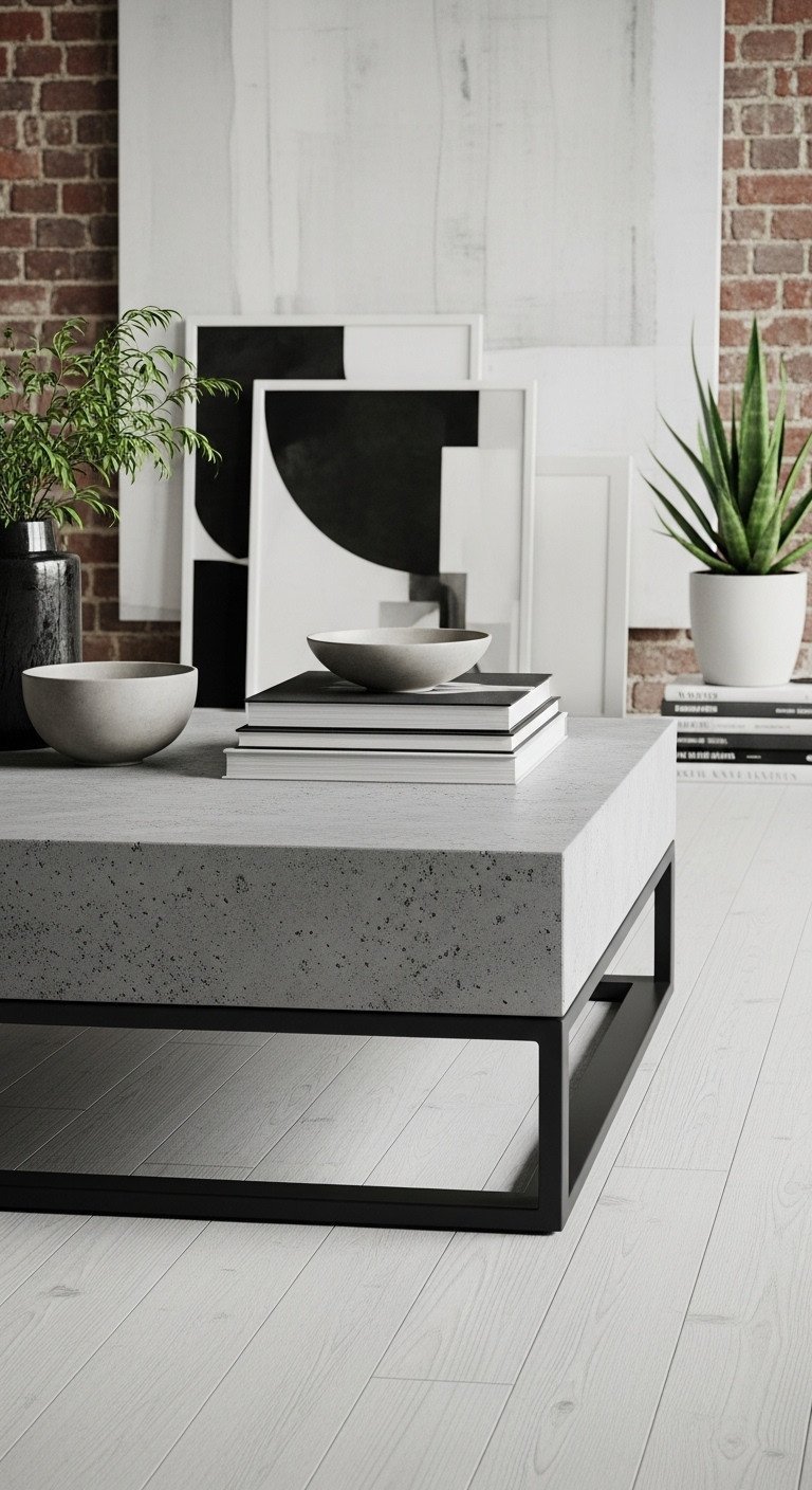 Rugged industrial chic concrete coffee table with black metal legs, set against exposed brick in a modern living space.