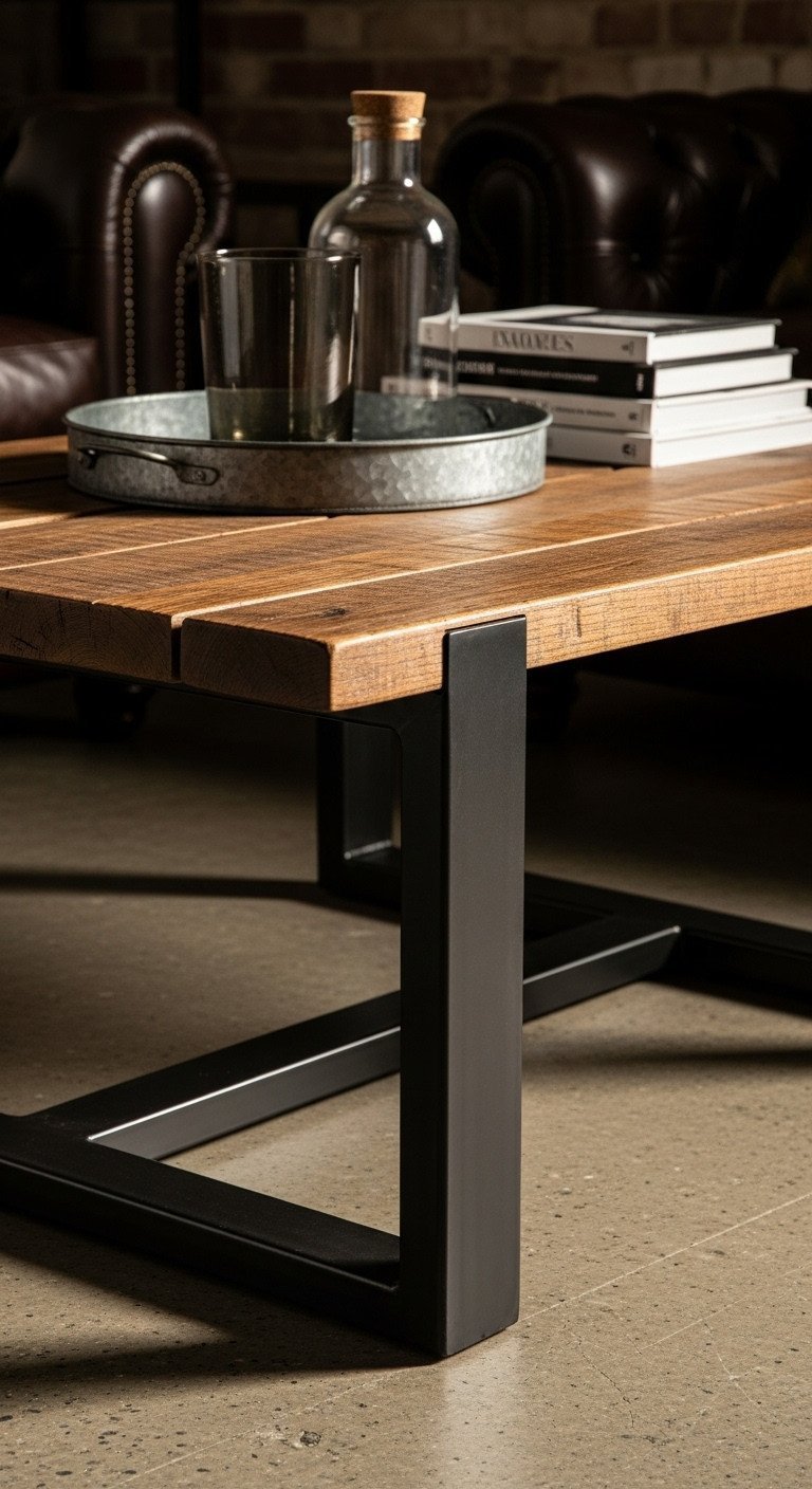 Rugged industrial coffee table with reclaimed wood planks and bold black metal legs, showcasing rustic textures in a modern setting.