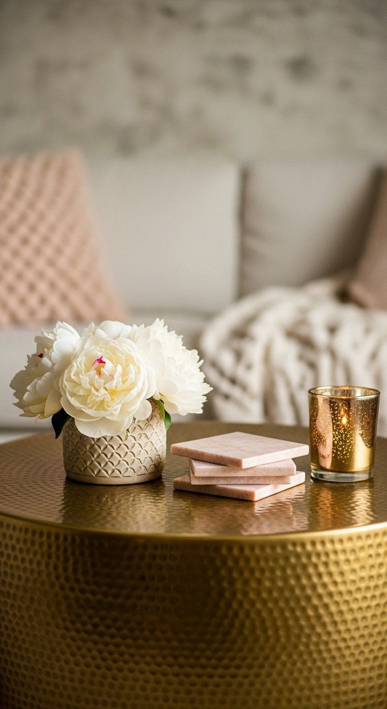 Glam Coffee Table: Smart Styling Tips for a Luxurious Home 7 Rule of Three coffee table decor on gold glam table. White peonies, geometric coasters, votive candle. Warm golden hour light.