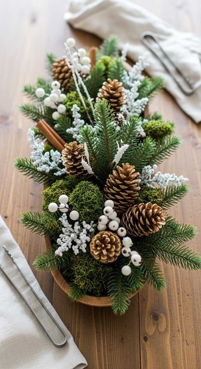 Rustic Christmas centerpiece: wooden bowl with pine boughs, frosted berries, moss, and gold pine cones. Natural holiday decor.