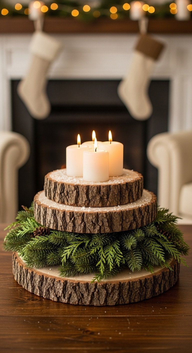 11 Cozy Rustic Christmas Coffee Table Decor Ideas 1 Rustic Christmas coffee table centerpiece with stacked wood slices, cedar wreaths, flickering white pillar candles, faux snow, dark wood, cozy ambiance.